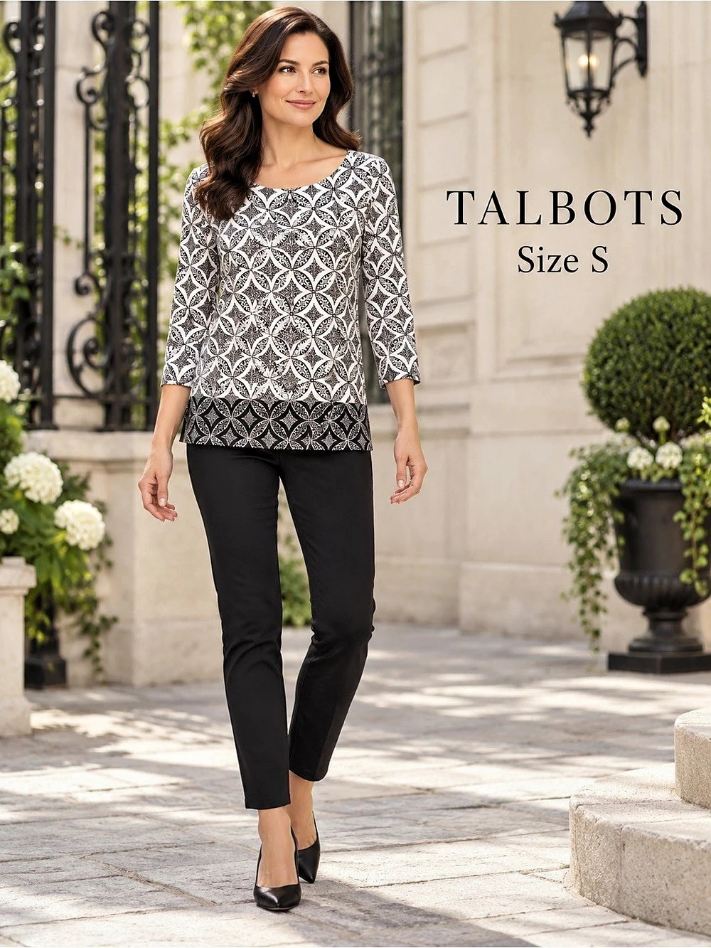 Talbots Black White Medallion Border Print 3/4 Sleeve Cotton Top Size S